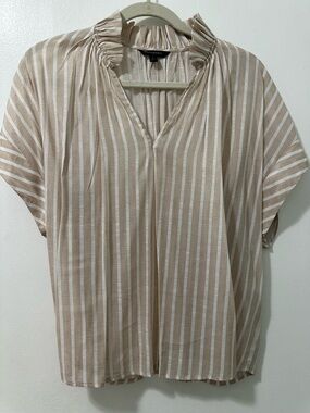 Banana Republic Striped Beige & White Ruffle Neck Women's Top